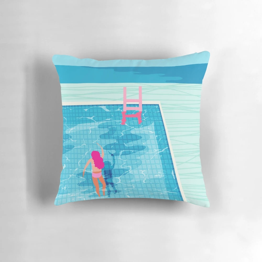 Colorful abstract Memphis-style pillow with retro 1980s neon palm springs vacation design