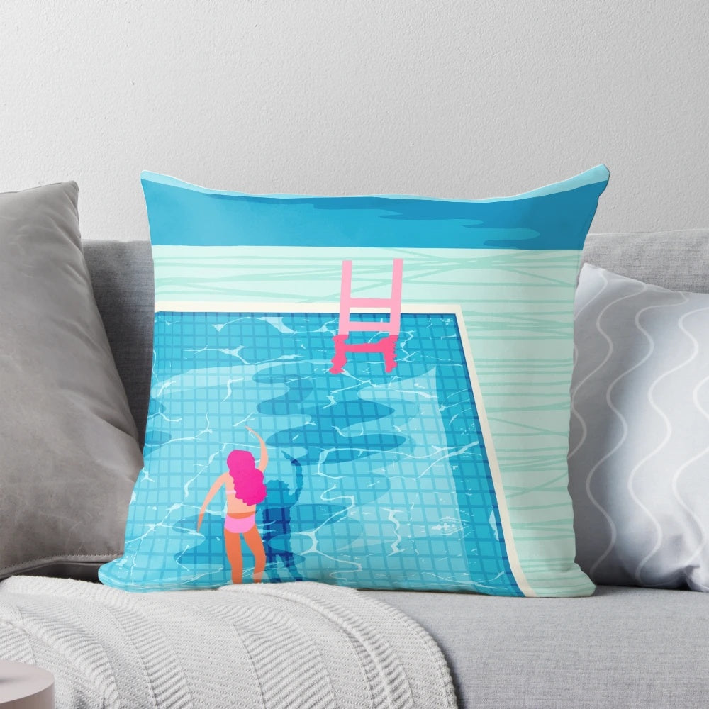 Colorful abstract Memphis-style pillow with retro 1980s neon palm springs vacation design