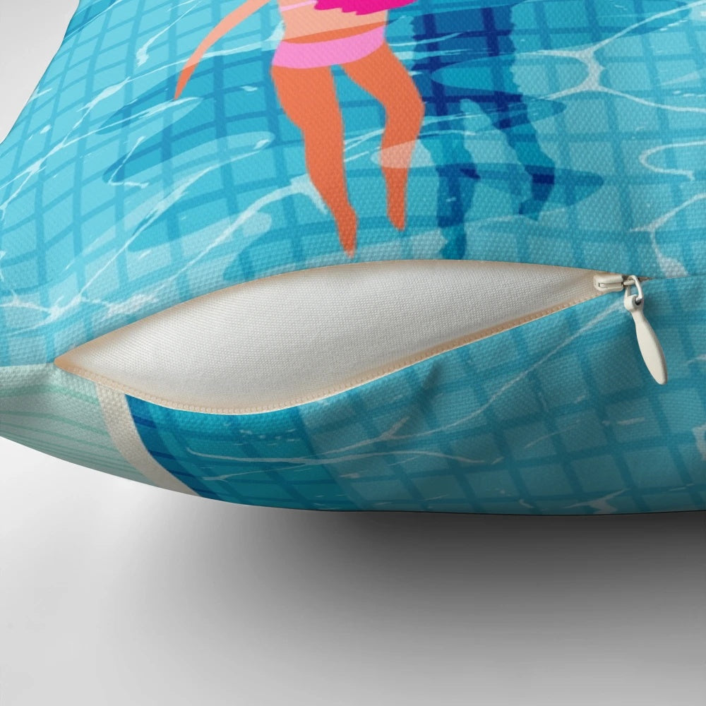 Colorful abstract Memphis-style pillow with retro 1980s neon palm springs vacation design
