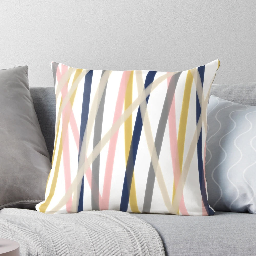 Abstract minimalist modern pillow in mustard yellow, blush pink, navy blue, grey, almond, and white