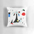 Abstract surrealist pillow with figures, dogs, and birds inspired by the iconic artwork of Joan Miró