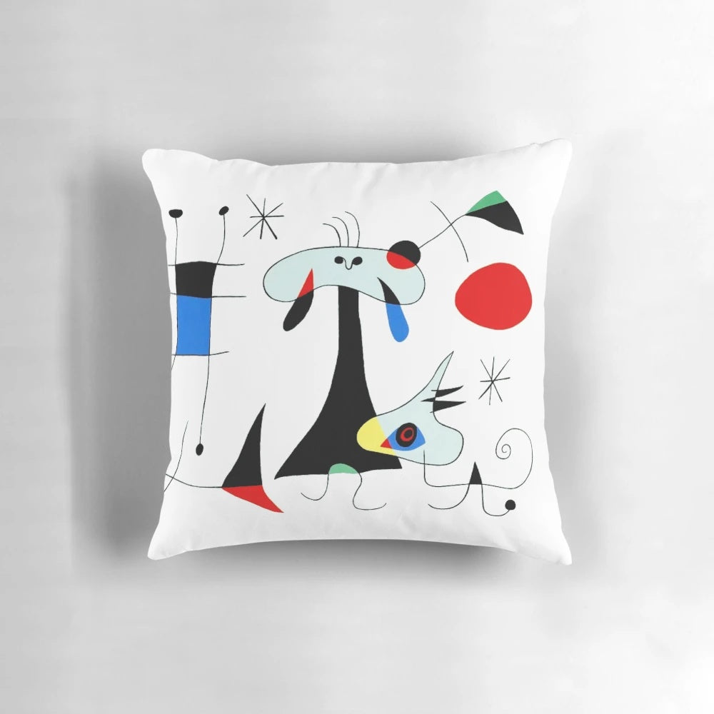 Abstract surrealist pillow with figures, dogs, and birds inspired by the iconic artwork of Joan Miró
