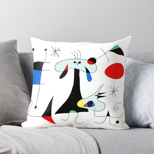 Abstract surrealist pillow with figures, dogs, and birds inspired by the iconic artwork of Joan Miró