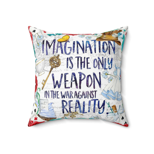 Alice in Wonderland inspired throw pillow featuring a magical quote about imagination