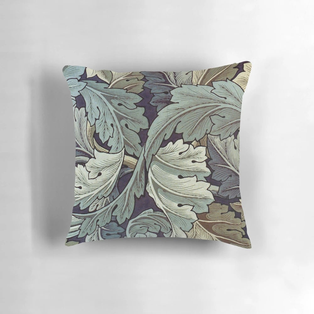 Acanthus blue patterned pillow with floral and leaf design inspired by the artwork of William Morris
