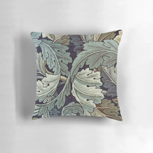Acanthus blue patterned pillow with floral and leaf design inspired by the artwork of William Morris