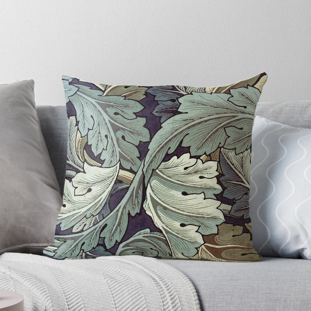 Acanthus blue patterned pillow with floral and leaf design inspired by the artwork of William Morris