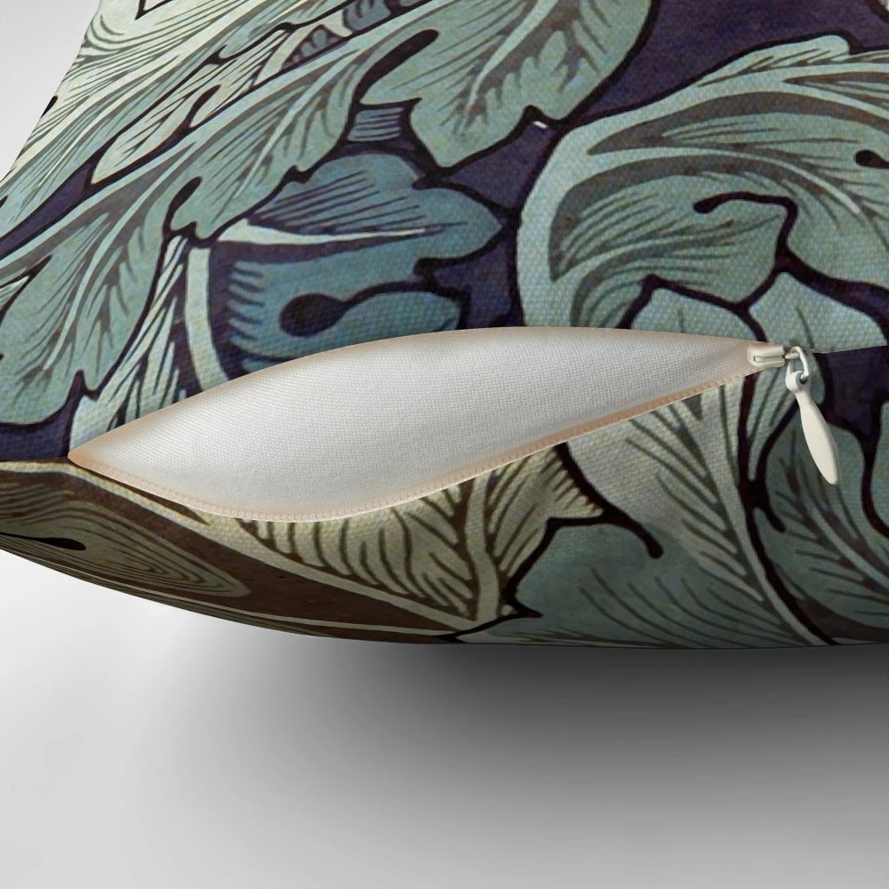 Acanthus blue patterned pillow with floral and leaf design inspired by the artwork of William Morris