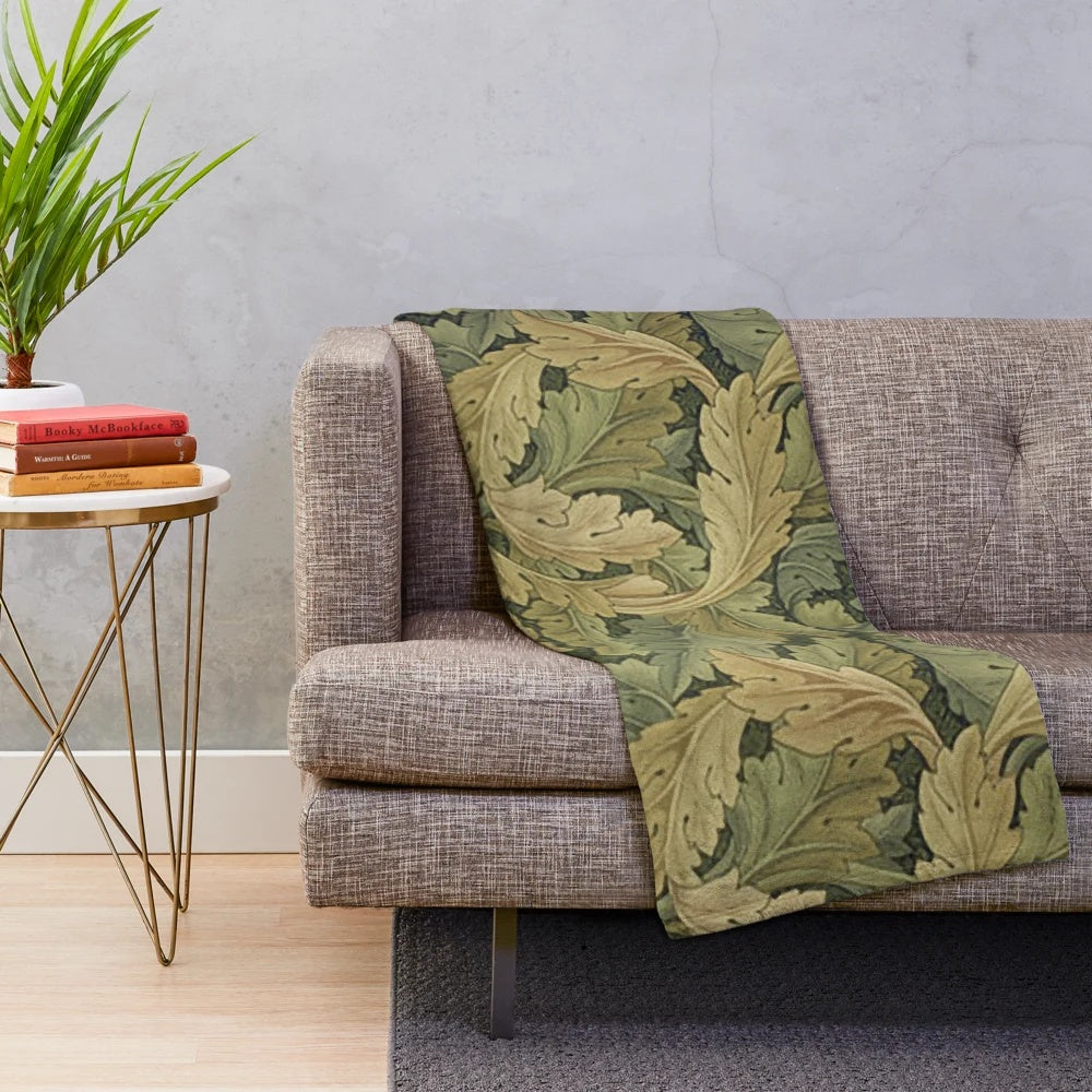 Acanthus patterned plush blanket with floral design inspired by William Morris