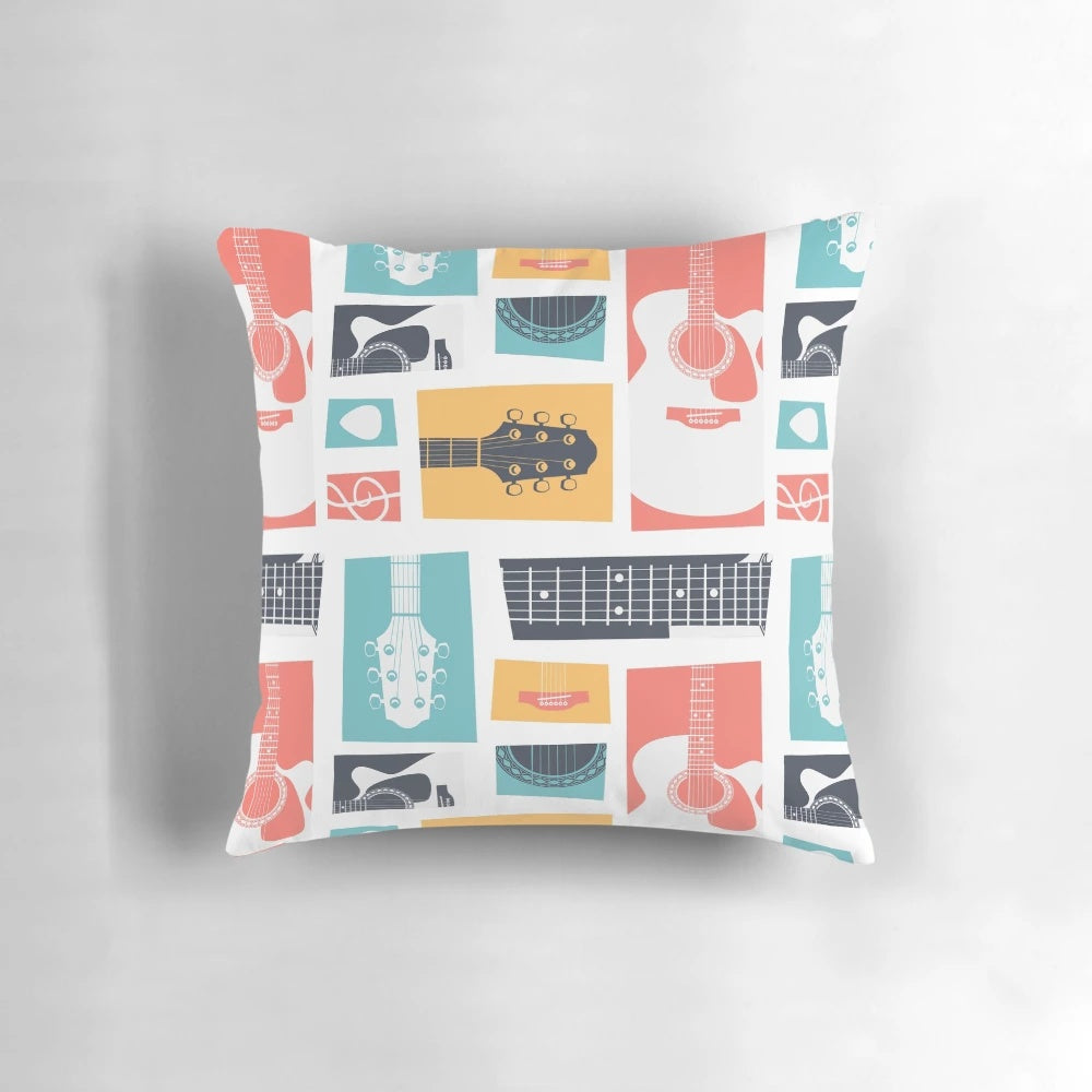 Acoustic guitar collage pattern pillow for indie pop and country blues music fans