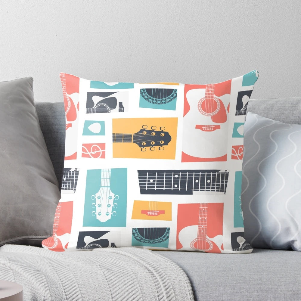 Acoustic guitar collage pattern pillow for indie pop and country blues music fans
