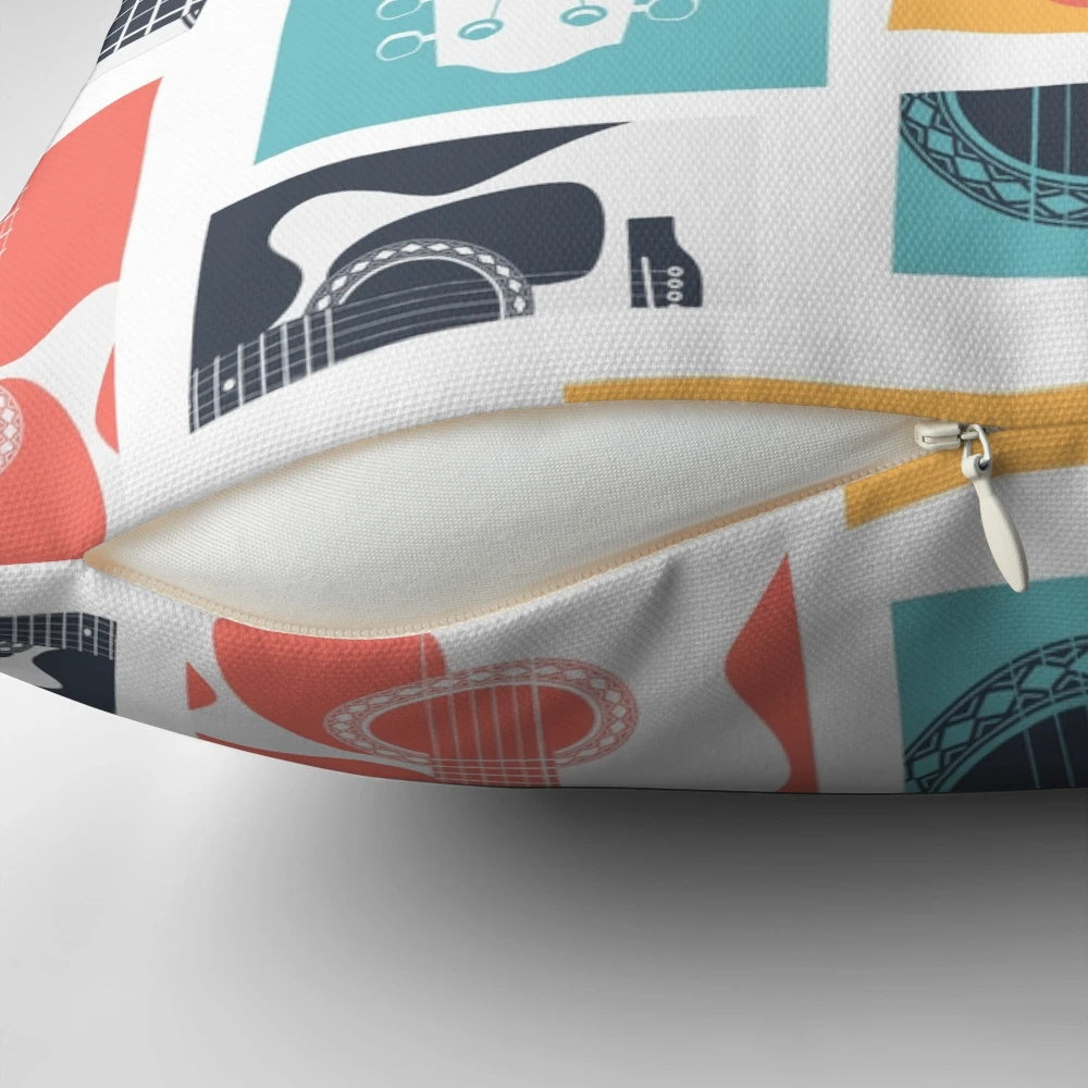 Acoustic guitar collage pattern pillow for indie pop and country blues music fans