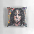 Vibrant acrylic painting of Alice Cooper on a decorative pillow cover