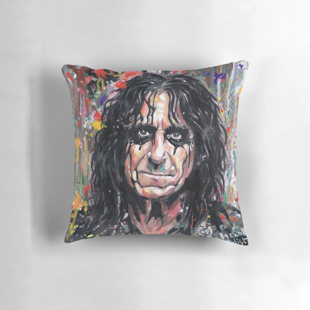 Vibrant acrylic painting of Alice Cooper on a decorative pillow cover