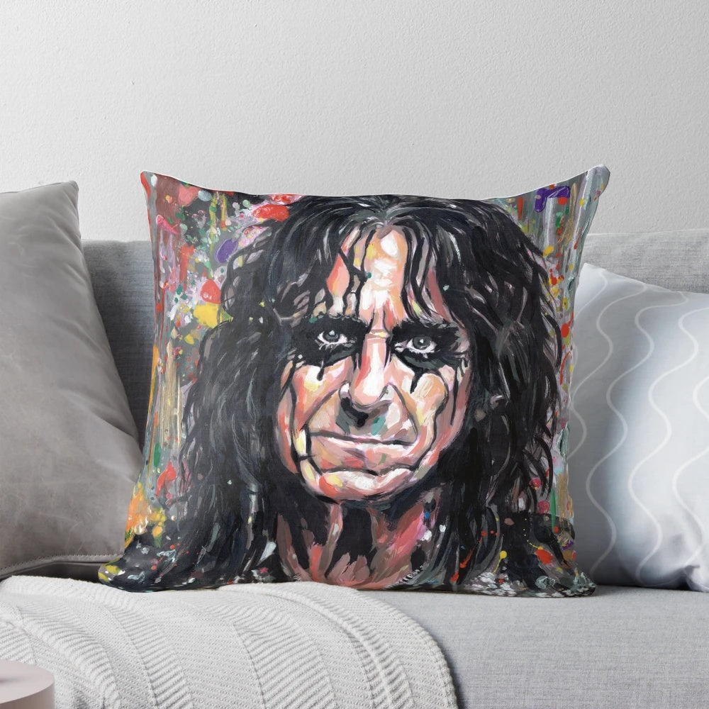 Vibrant acrylic painting of Alice Cooper on a decorative pillow cover