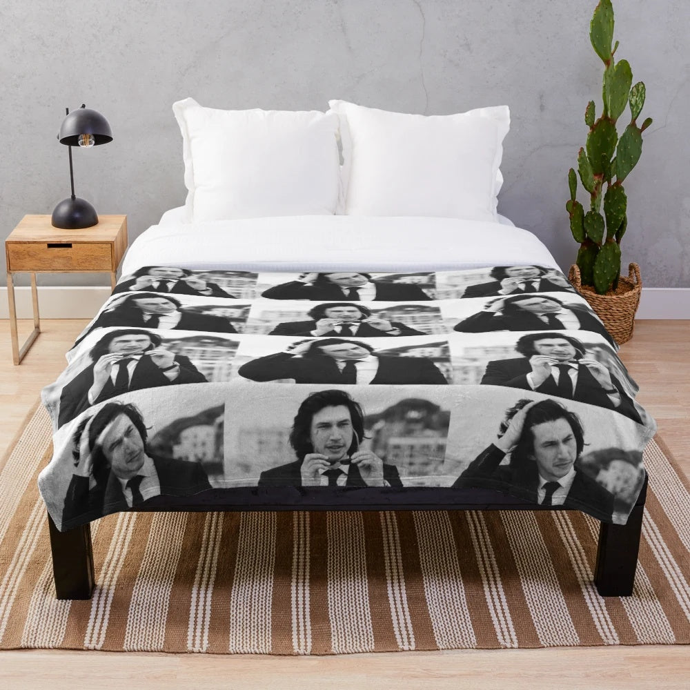 Adam Driver Inspired Plush Blanket with Black and White Design