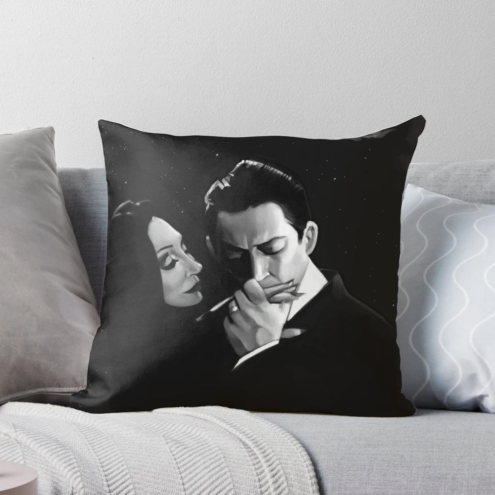 Decorative pillow featuring Gomez and Morticia Addams from the Addams Family in a romantic, gothic-inspired design.