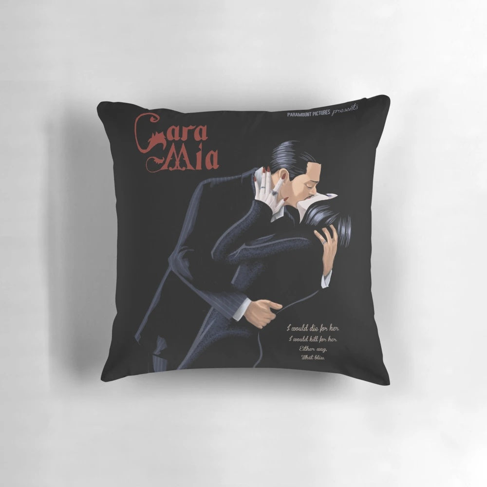 Addams Family gothic-style pillow with Morticia and Gomez Addams