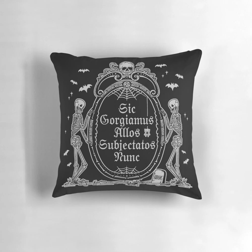 Addams Family Motto Pillow - Spooky Skeleton Skull and Bats Accent Cushion