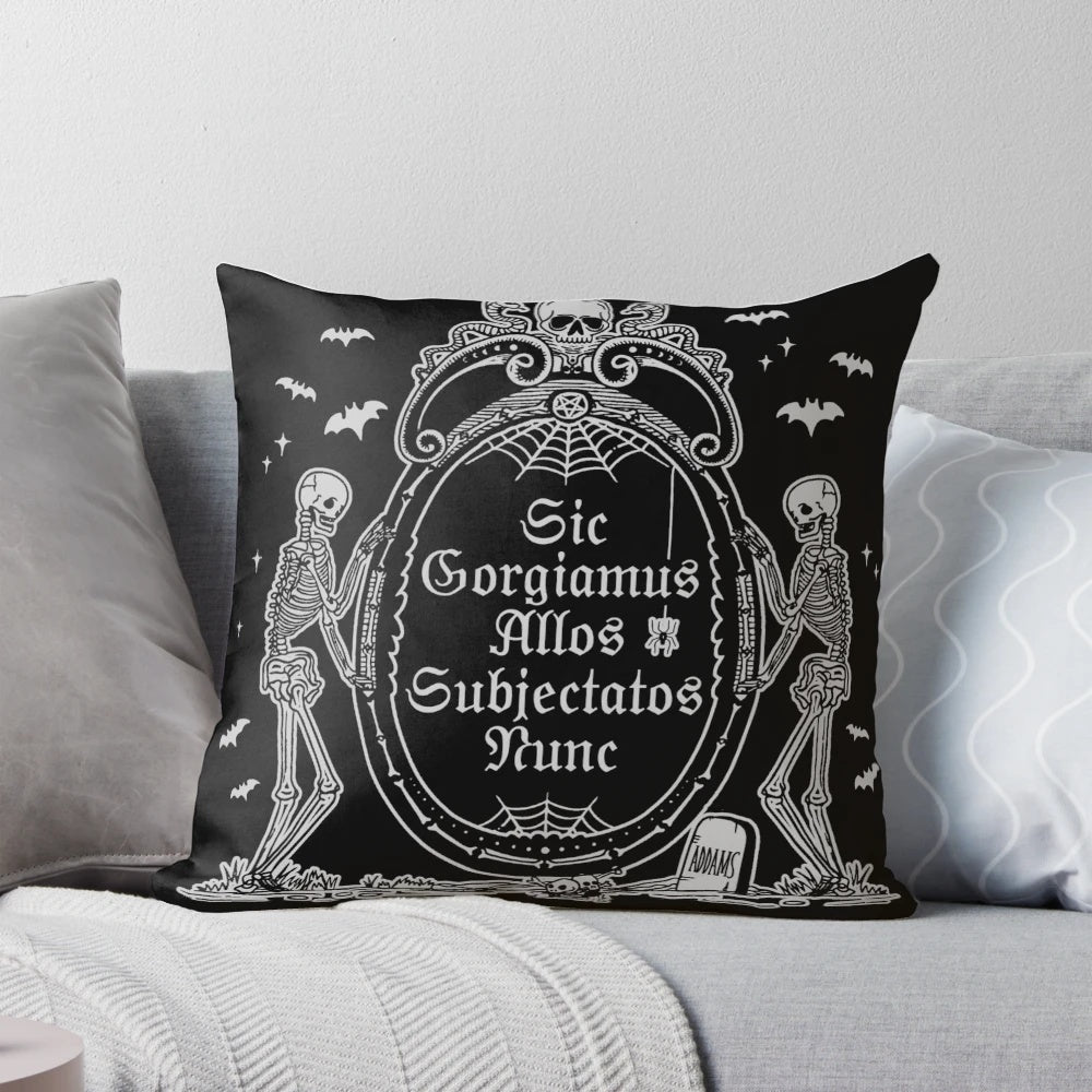 Addams Family Motto Pillow - Spooky Skeleton Skull and Bats Accent Cushion