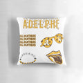 Adelphi University-themed decorative pillow in brown and gold colors