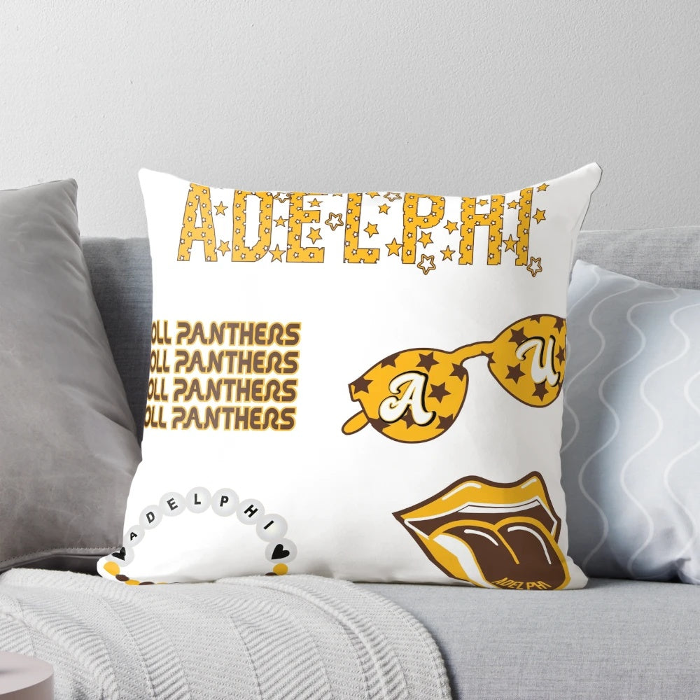 Adelphi University-themed decorative pillow in brown and gold colors