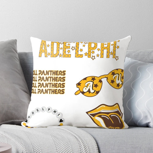 Adelphi University-themed decorative pillow in brown and gold colors