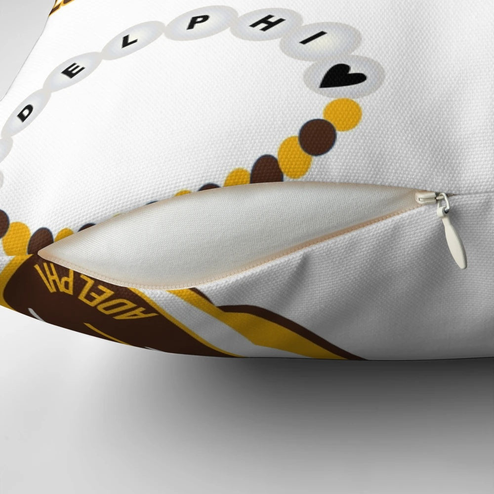 Adelphi University-themed decorative pillow in brown and gold colors