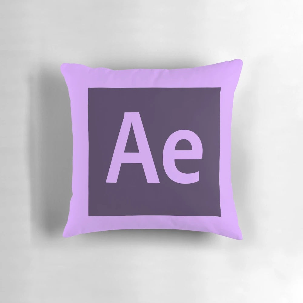 Cozy graphic design and video editing themed throw pillow featuring the Adobe After Effects and Premiere Pro logos