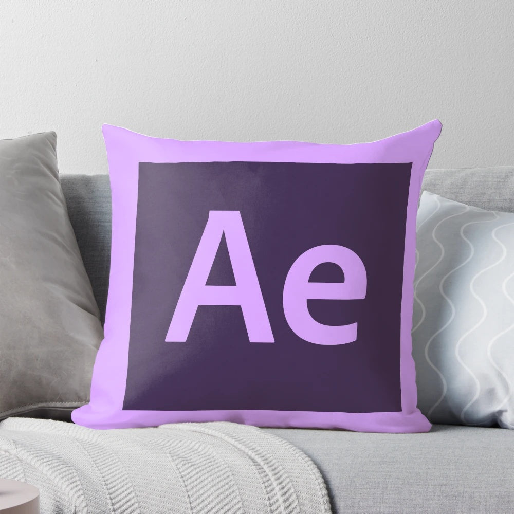 Cozy graphic design and video editing themed throw pillow featuring the Adobe After Effects and Premiere Pro logos