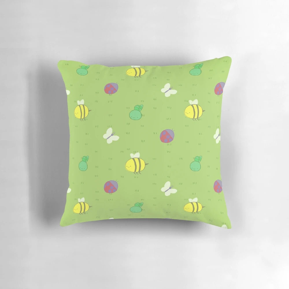 Adventure Time-inspired decorative pillow with a charming pattern of birds, bees, caterpillars, and ladybugs