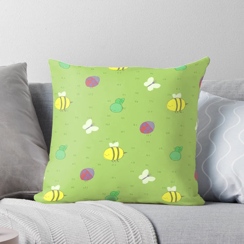 Adventure Time-inspired decorative pillow with a charming pattern of birds, bees, caterpillars, and ladybugs