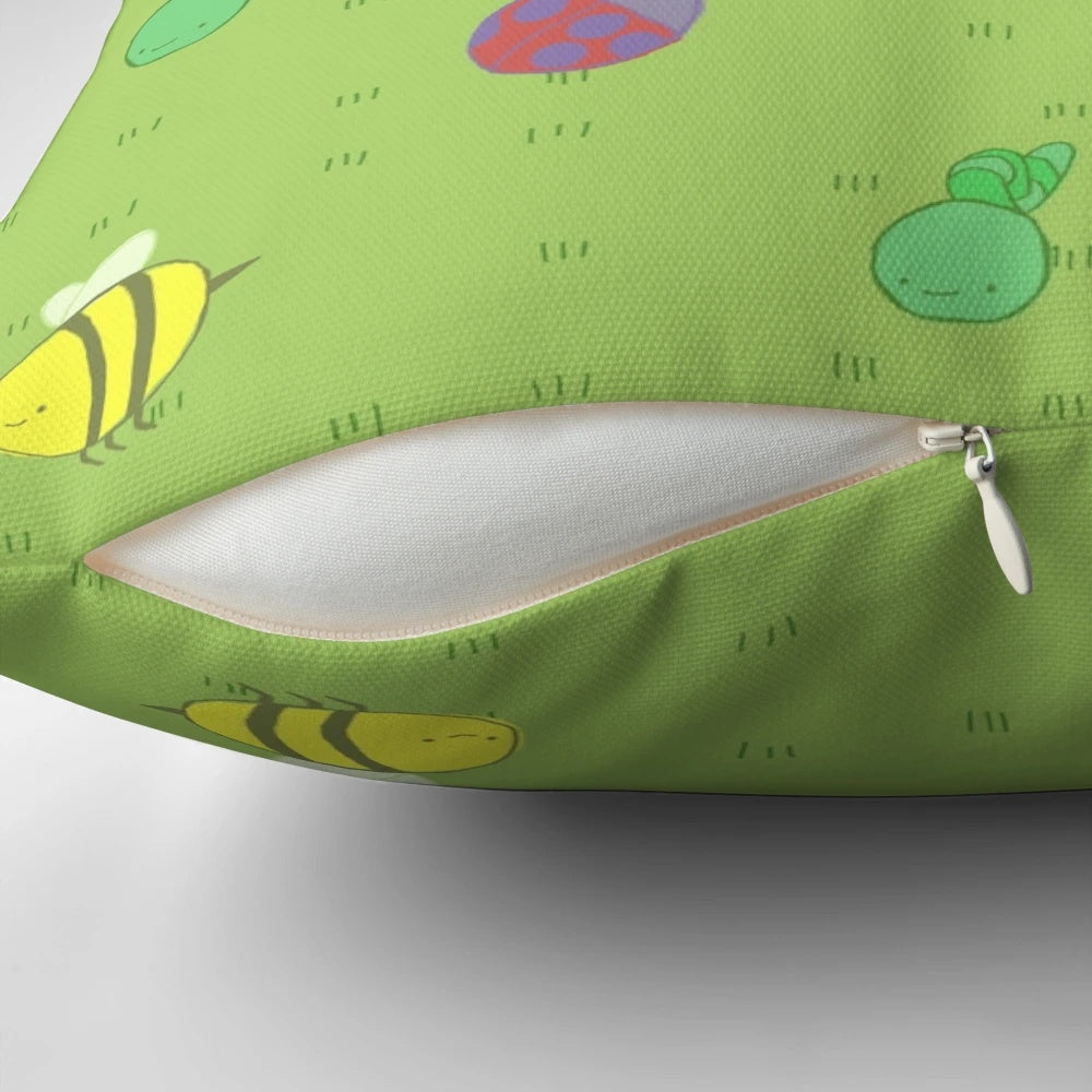 Adventure Time-inspired decorative pillow with a charming pattern of birds, bees, caterpillars, and ladybugs