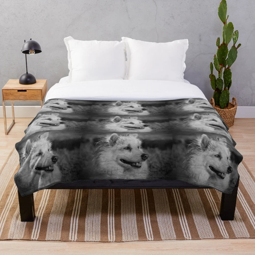 Soft and cozy plush blanket featuring a cute American Eskimo dog portrait
