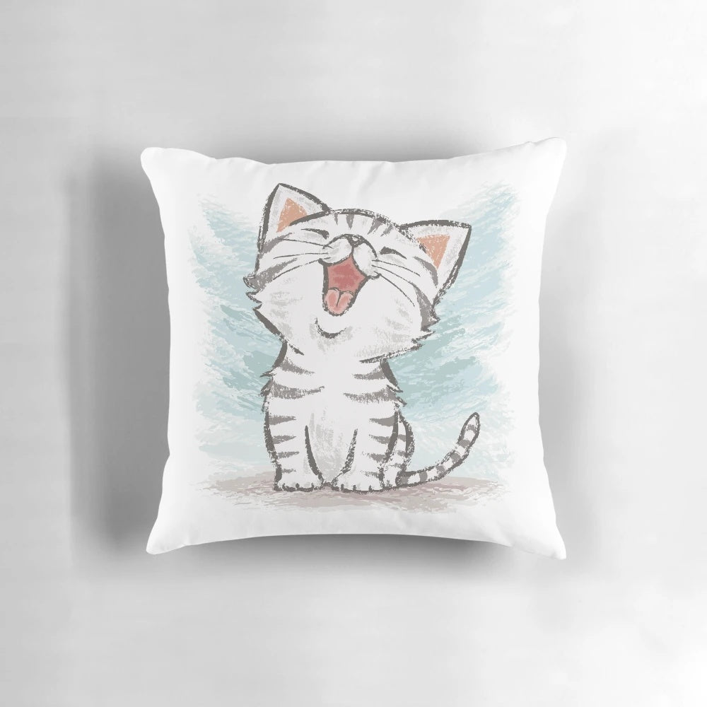 Soft, plush American Shorthair cat-themed throw pillow with cute cartoon design
