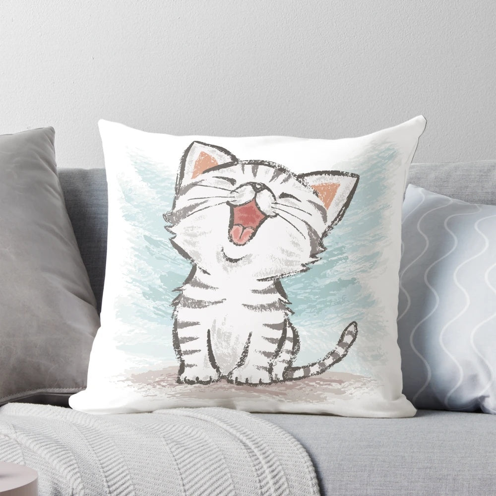 Soft, plush American Shorthair cat-themed throw pillow with cute cartoon design