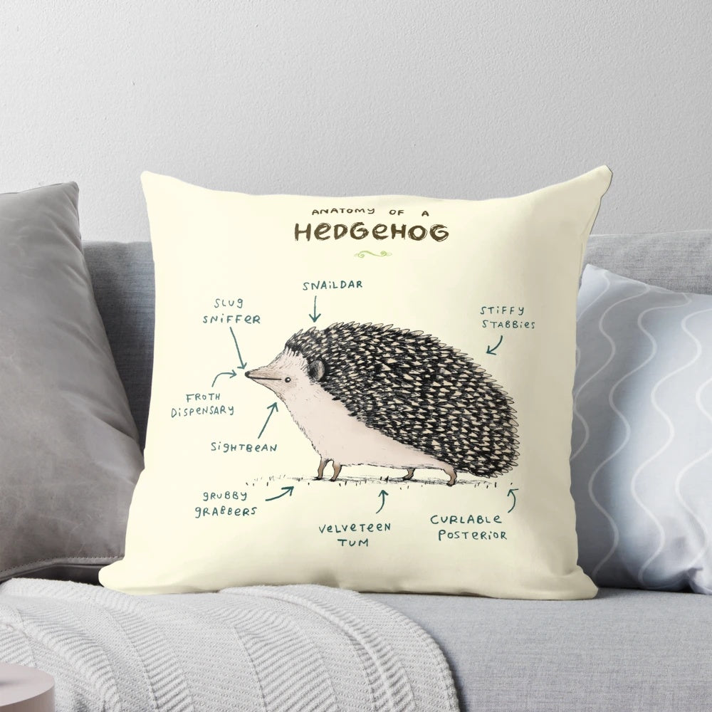 Soft, plush pillow featuring the detailed anatomy of a hedgehog in a fun, playful design.