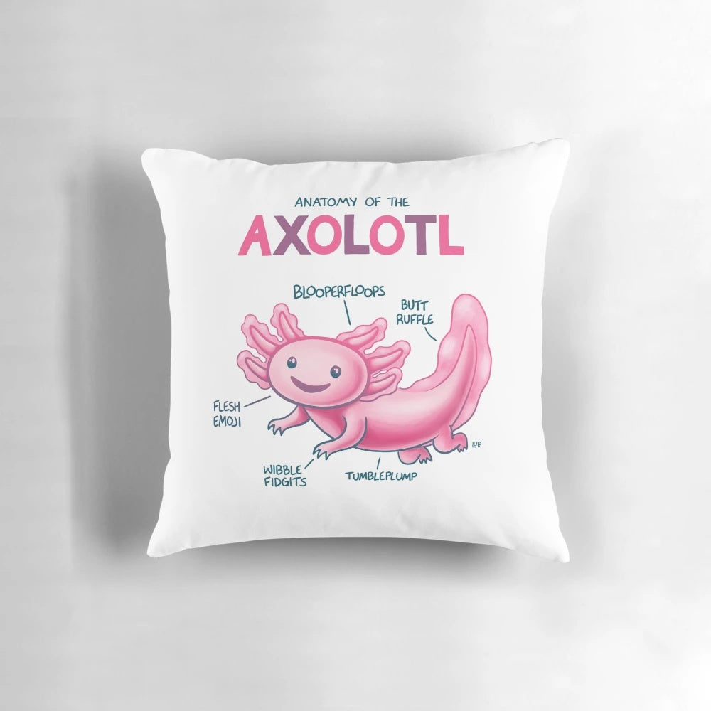 Colorful cartoon image of a pink axolotl with labeled anatomy features on a plush pillow
