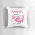 Colorful cartoon image of a pink axolotl with labeled anatomy features on a plush pillow