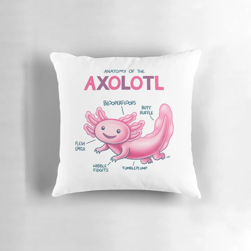 Colorful cartoon image of a pink axolotl with labeled anatomy features on a plush pillow