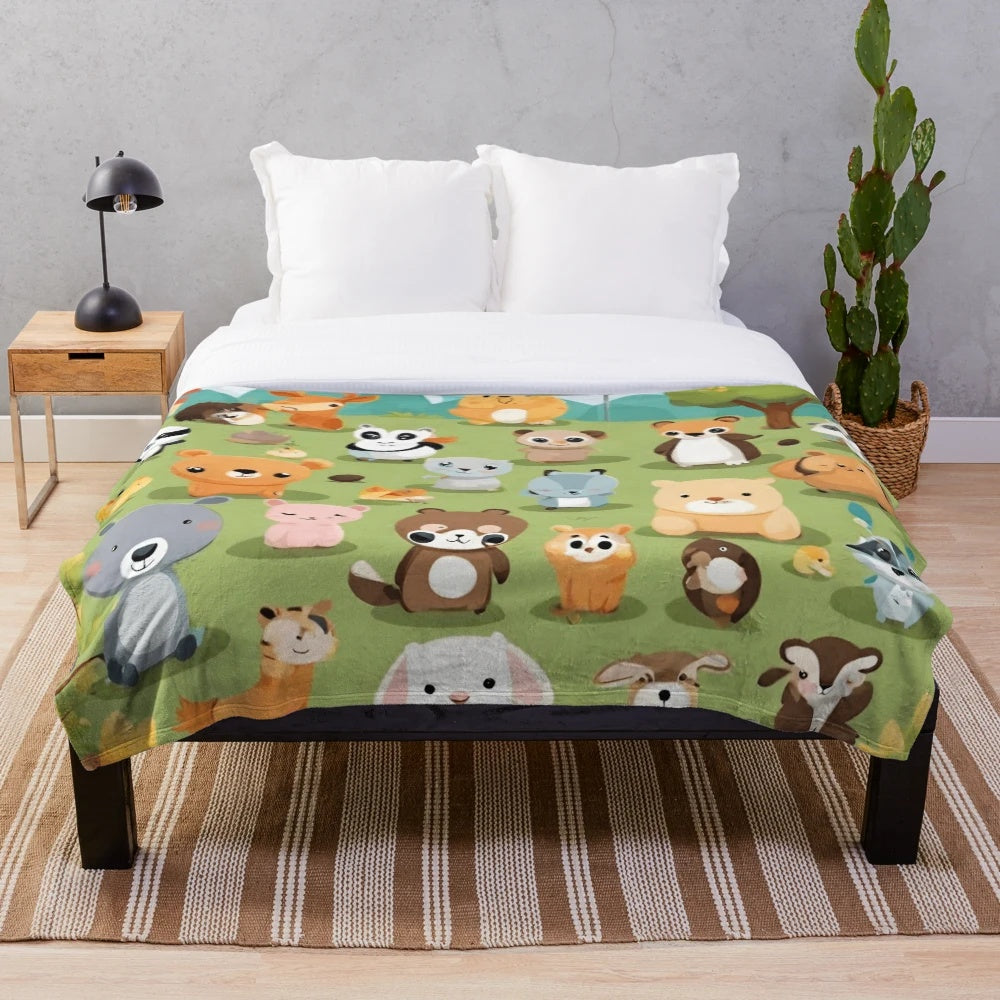 Plush animal blanket with cute forest animals on a playground