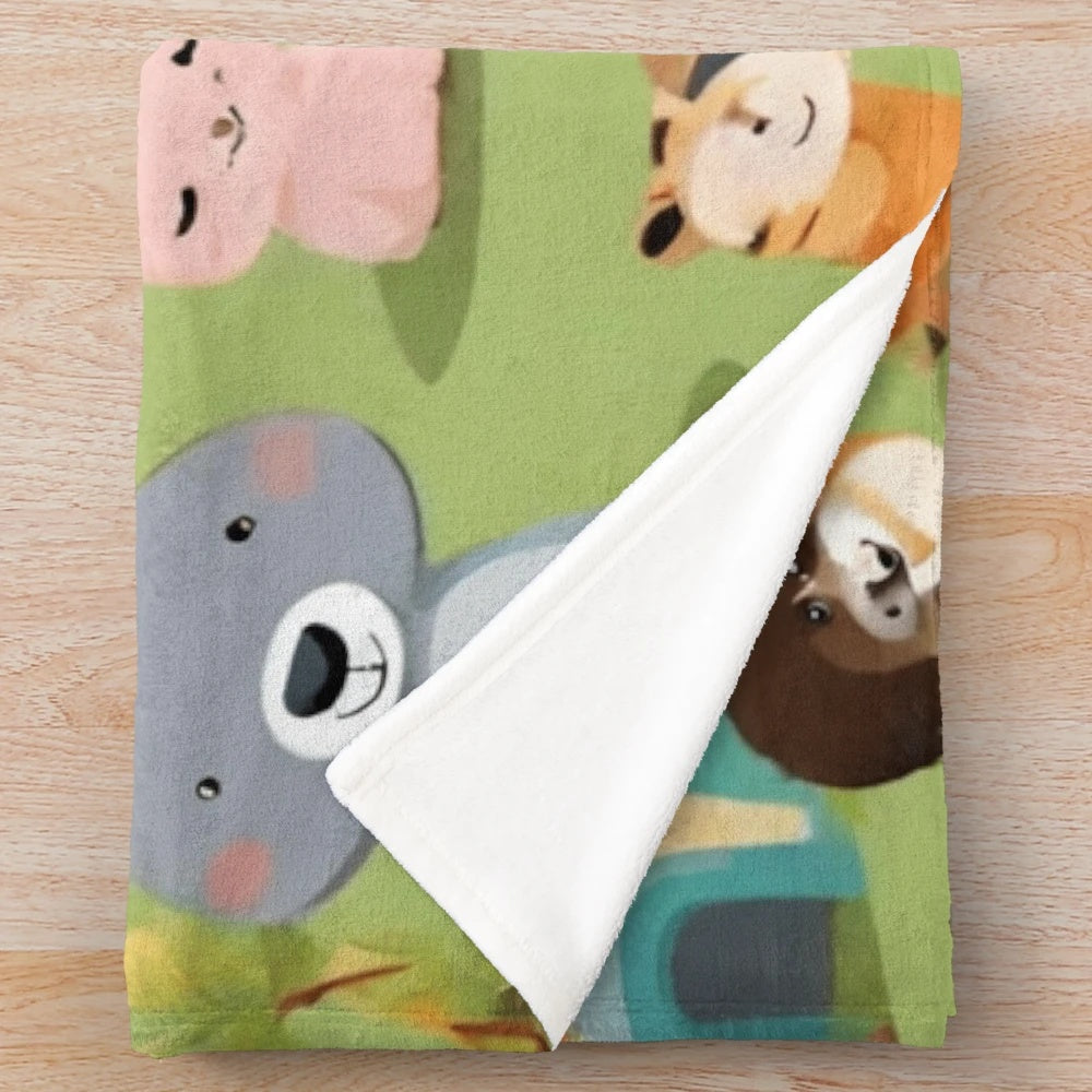 Plush animal blanket with cute forest animals on a playground