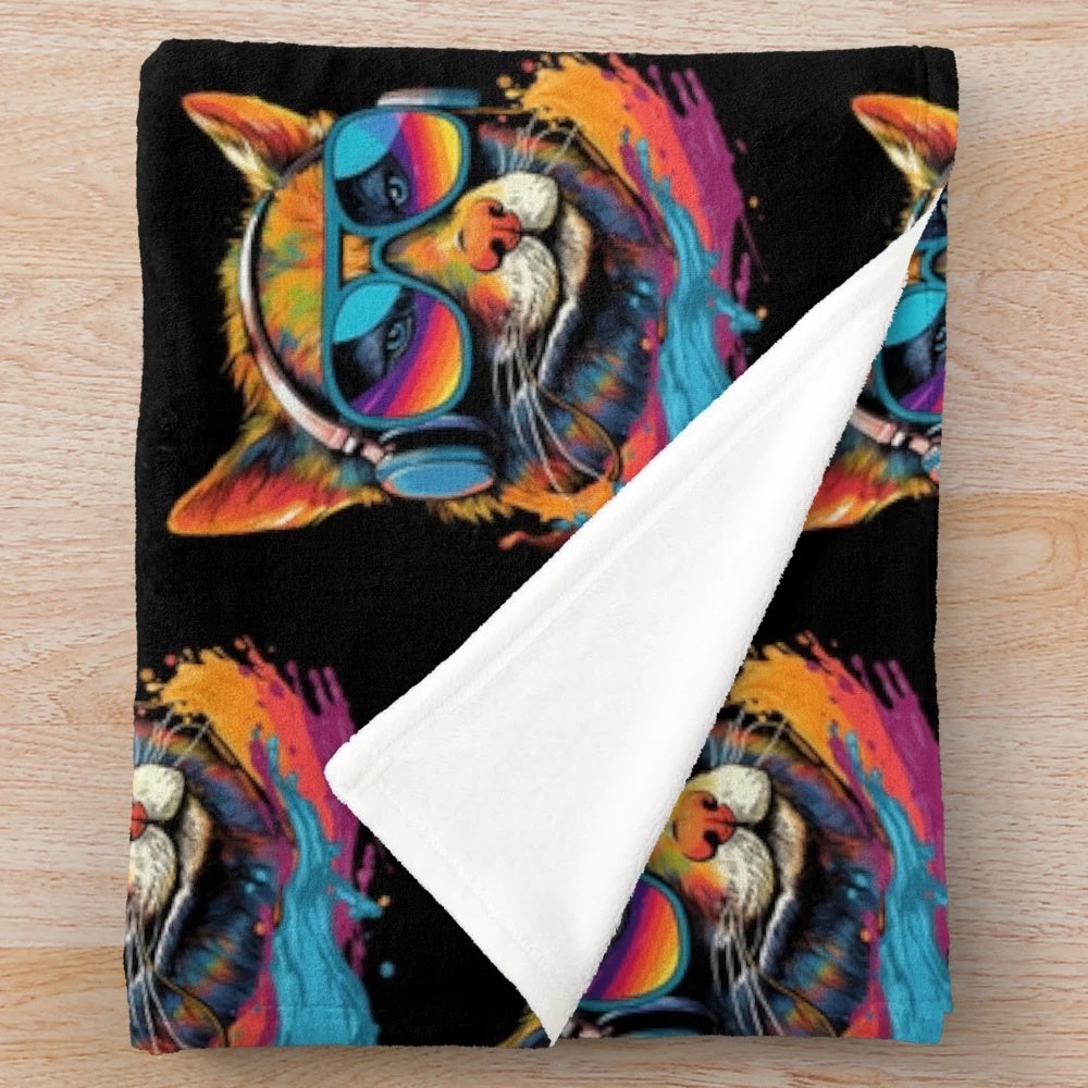 Cute fox in sunglasses and headphones plush blanket