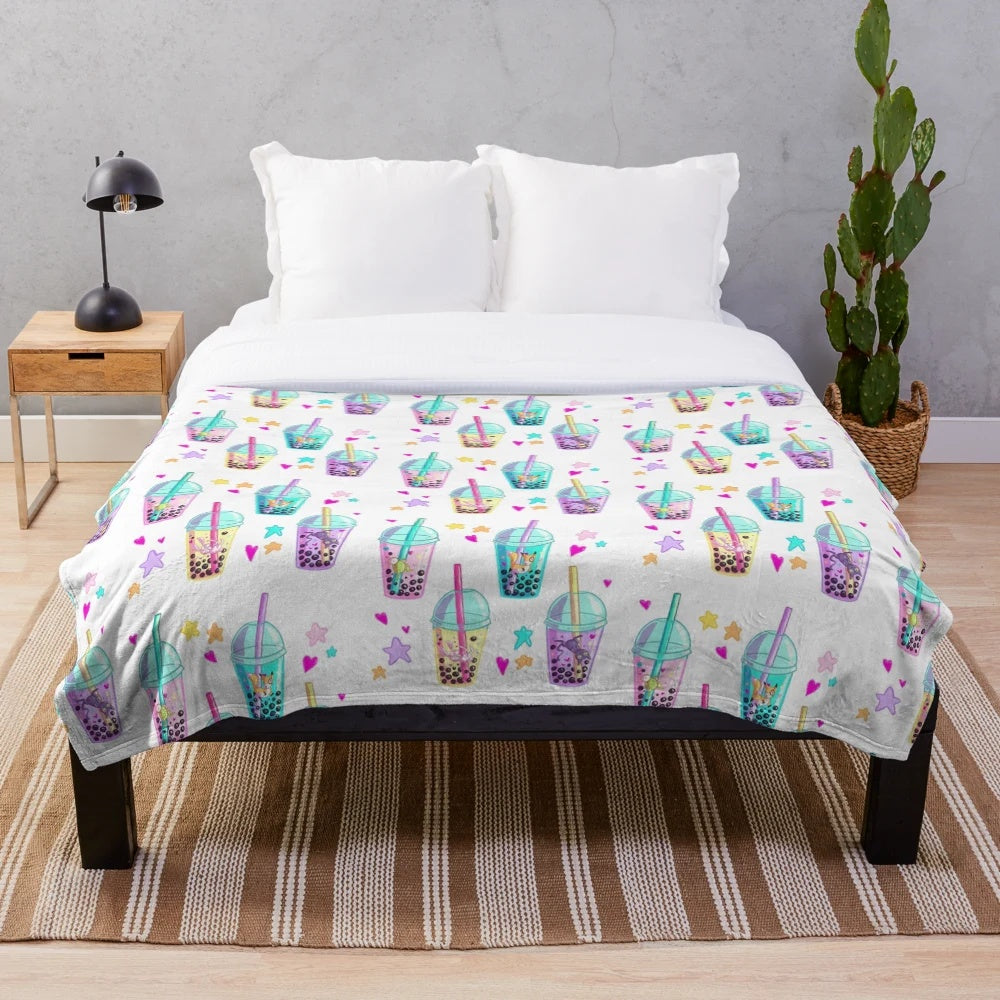 Cute animals in a pastel boba tea pattern on a fluffy plush blanket