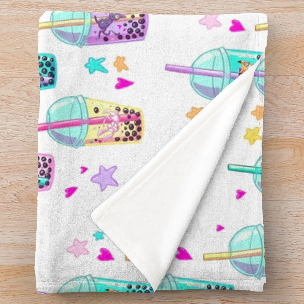 Cute animals in a pastel boba tea pattern on a fluffy plush blanket