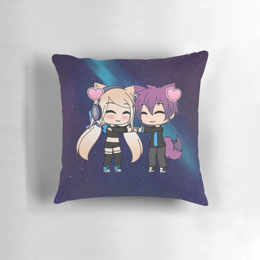 Soft and plush pillow featuring a cute anime-style girl and boy with fox tails and ears