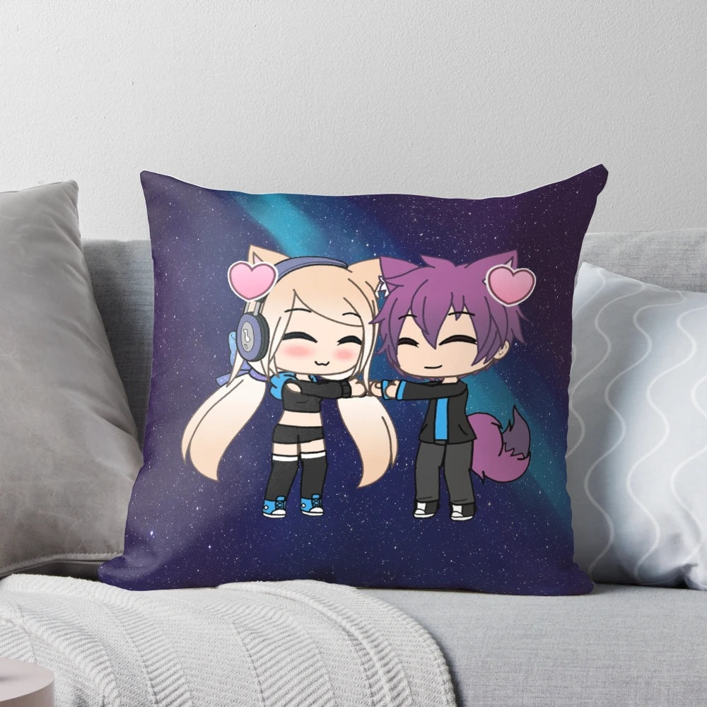 Soft and plush pillow featuring a cute anime-style girl and boy with fox tails and ears