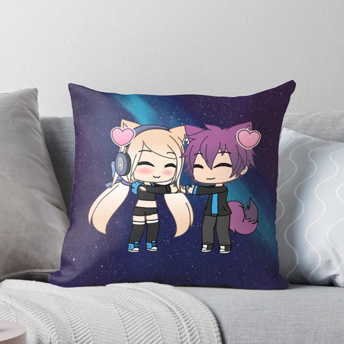 Soft and plush pillow featuring a cute anime-style girl and boy with fox tails and ears