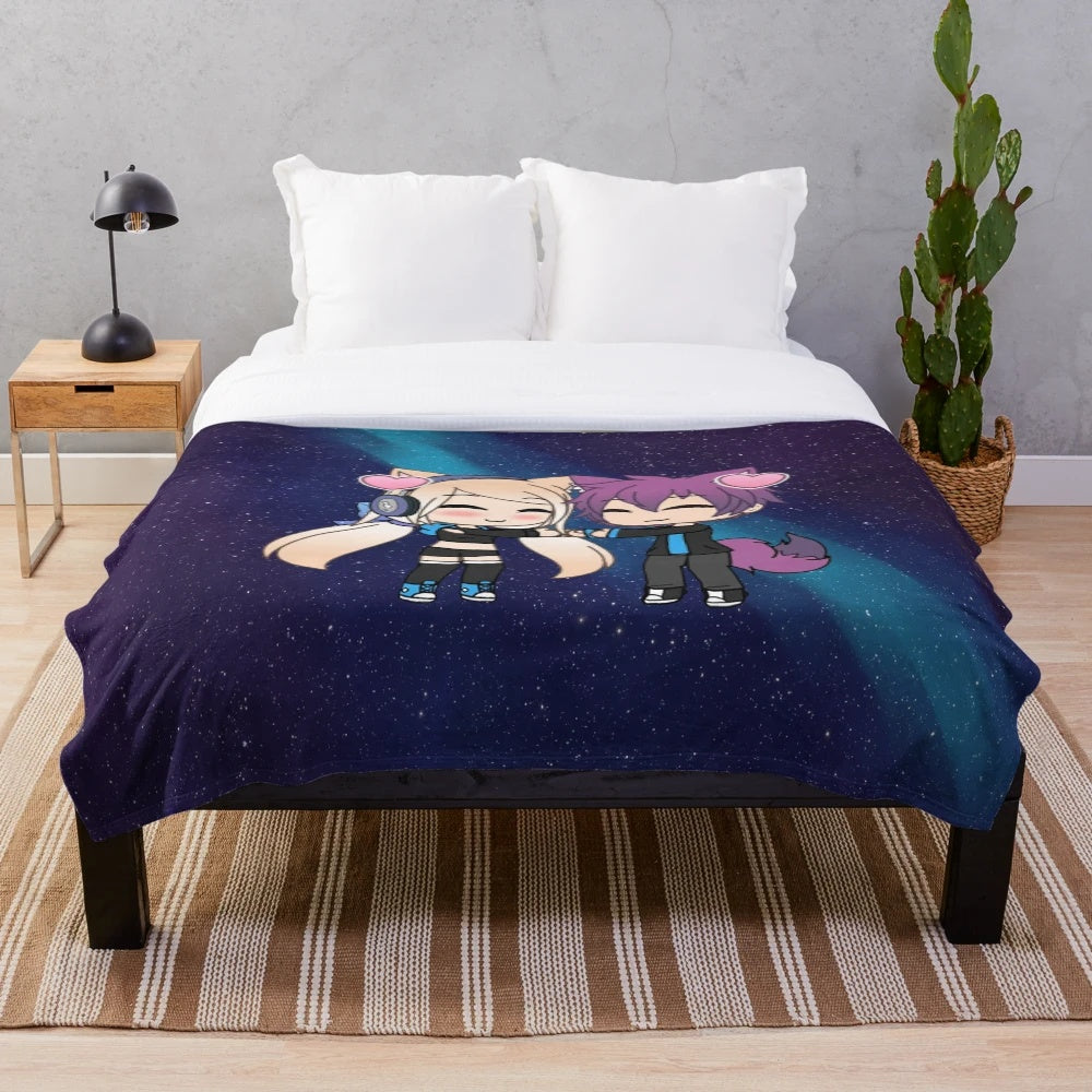 Cute anime couple plush blanket with fox tails and hearts