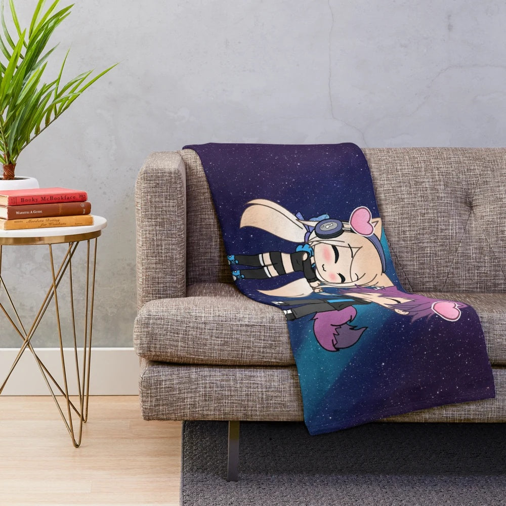 Cute anime couple plush blanket with fox tails and hearts